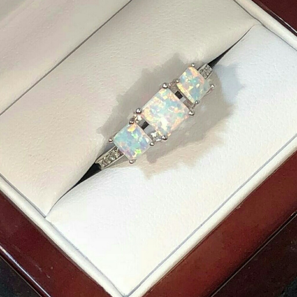 Square Opal Ring Sterling Silver 925 CZ Diamond